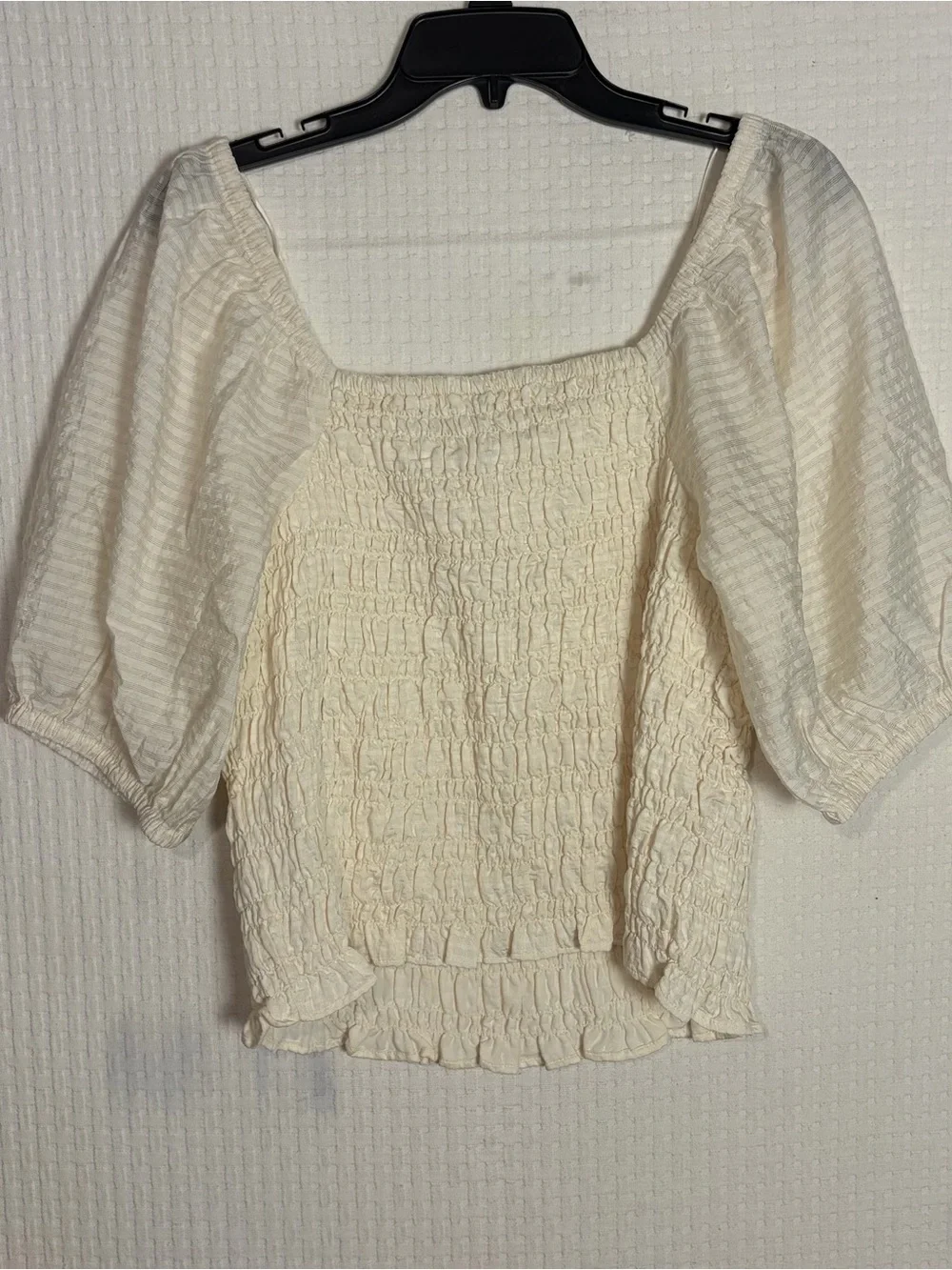 Old Navy Puff Sleeve Fitted Smocked Top Ivory Boho Casual Women’s Size L NEW